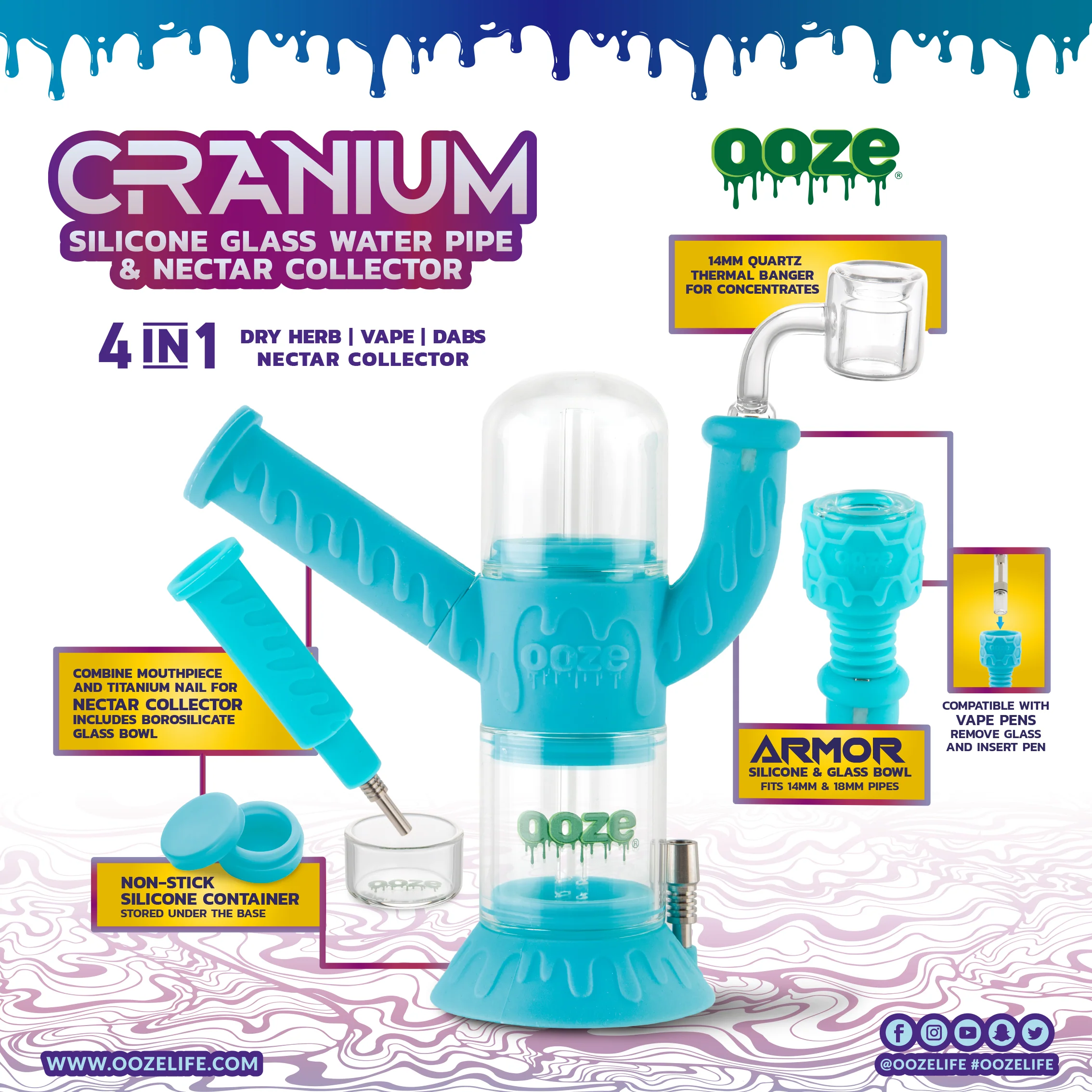 Ooze Cranium Silicone Water Pipe, Dab Rig & Dab Straw - Aqua Teal - Image 7