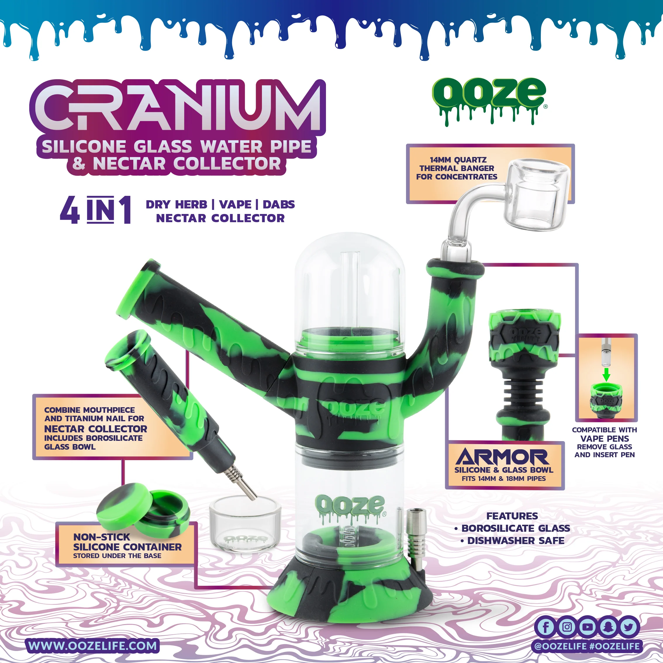 Ooze Cranium Silicone Water Pipe, Dab Rig & Dab Straw - Chameleon - Image 11