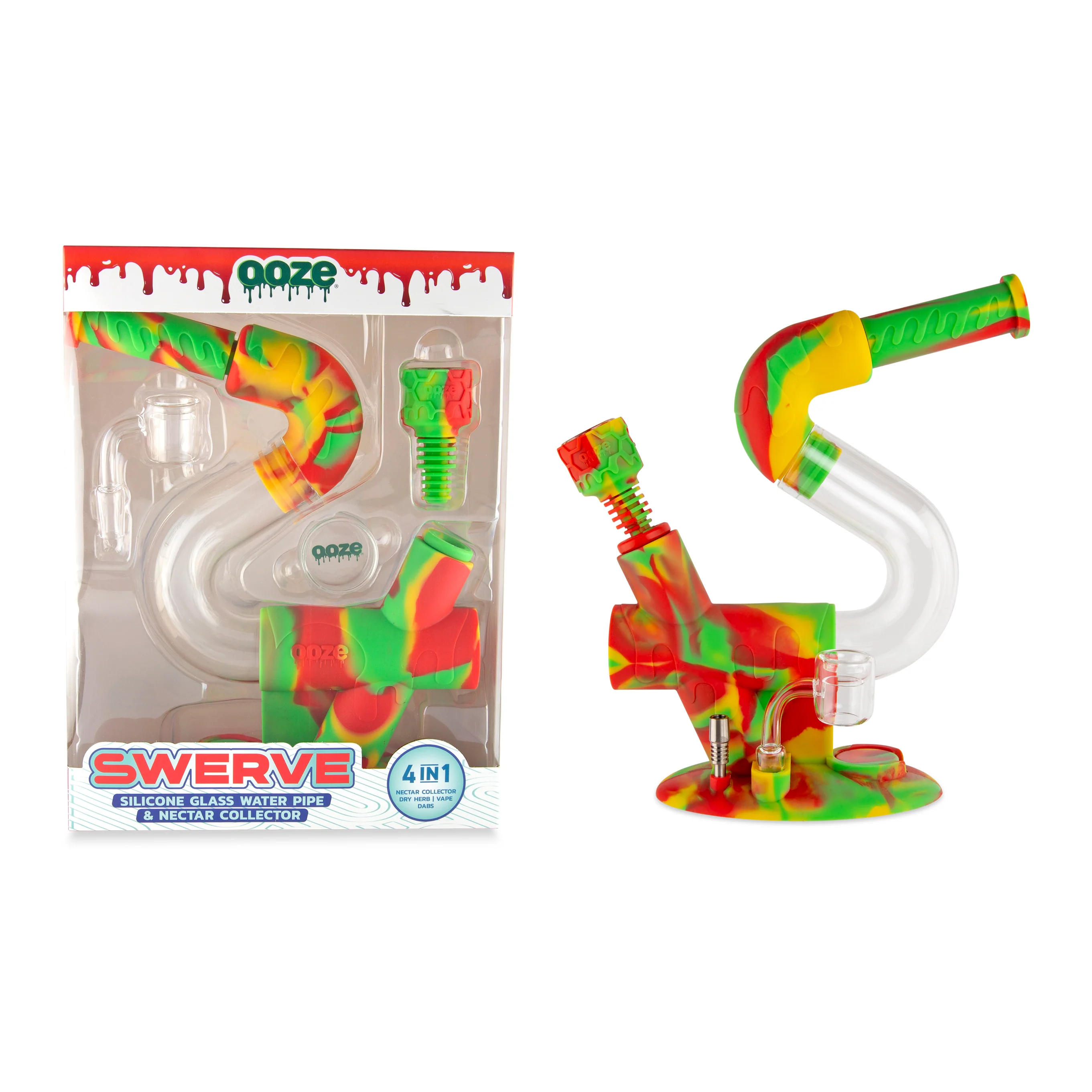 Ooze Swerve Silicone Water Pipe, Dab Rig & Dab Straw - Rasta - Image 2